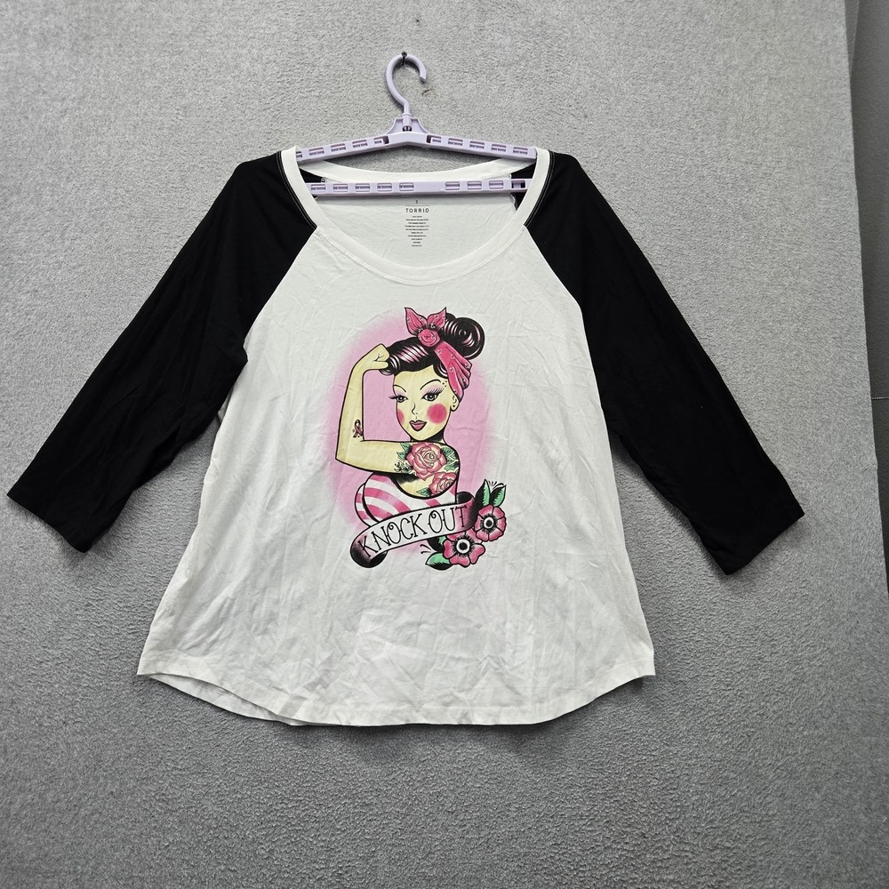 Torrid Women Shirt 2 White Breast Cancer Awareness Baseball Tee Retro Rockabilly